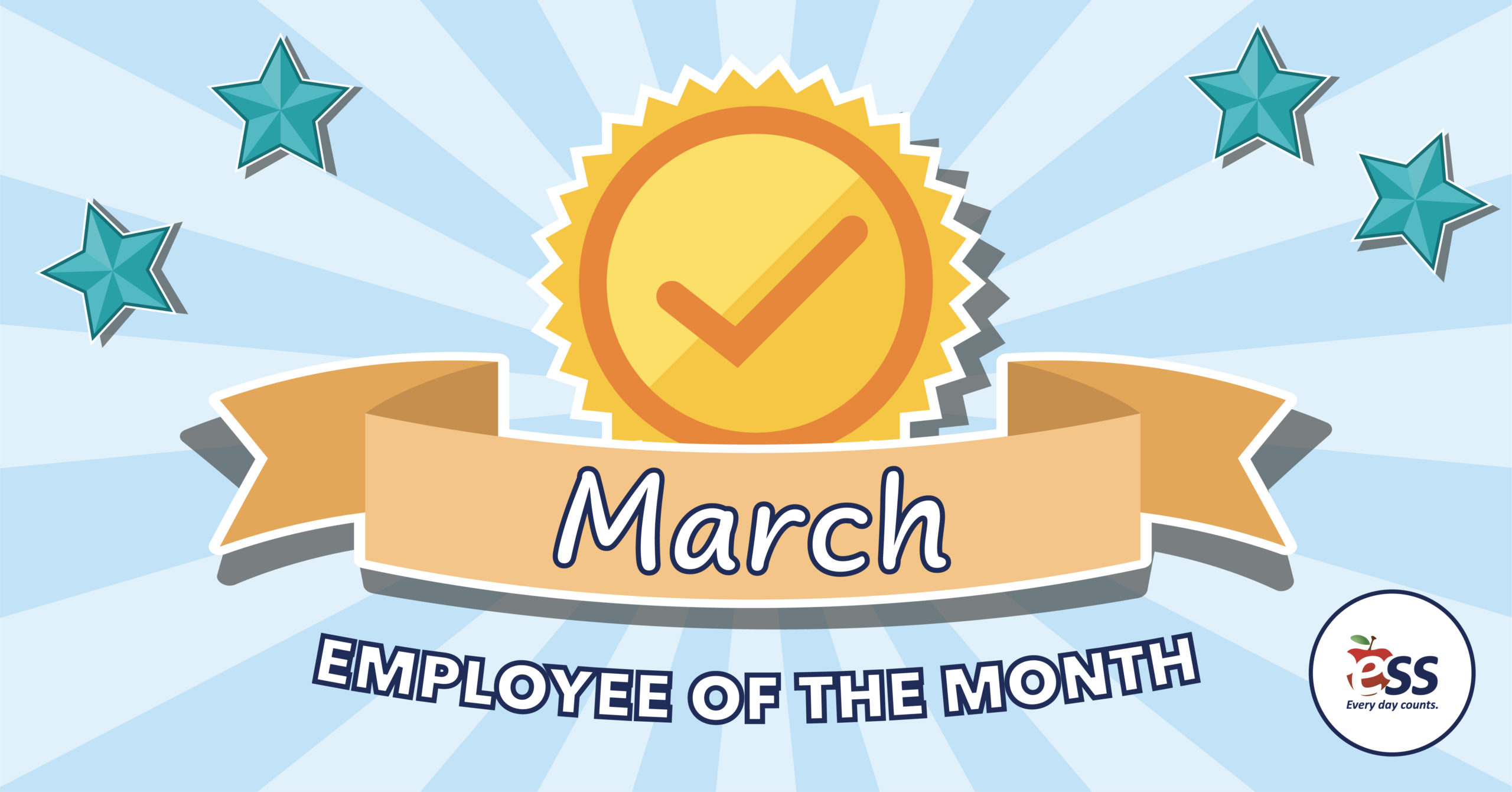 Striped background with stars along with a medal and a check mark and a banner announcing the March employees of the month