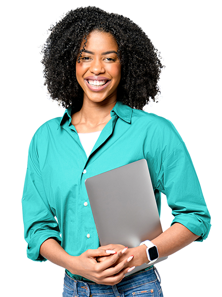 ESS Clinical Sales Page Woman Teal Shirt Holding Computer