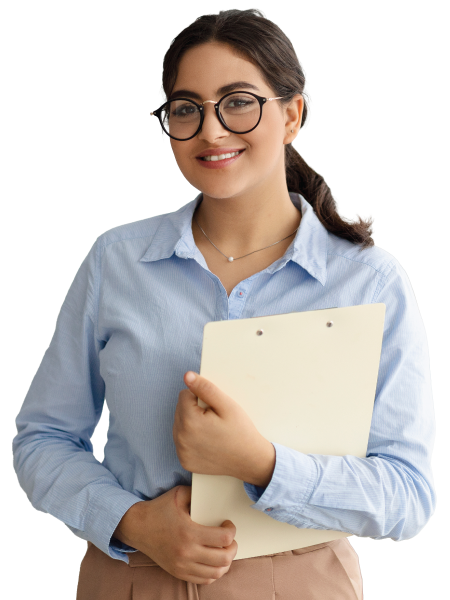 Female school therapist with glasses holding clipboard